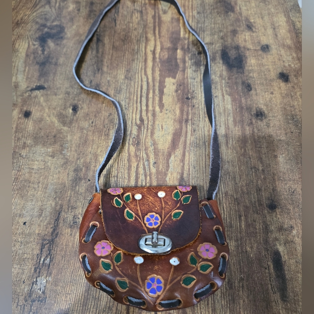Handcrafted Floral Brown Leather Crossbody Bag Made In Mexico